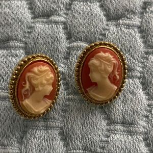Medium coral, white & gold cameo post earrings